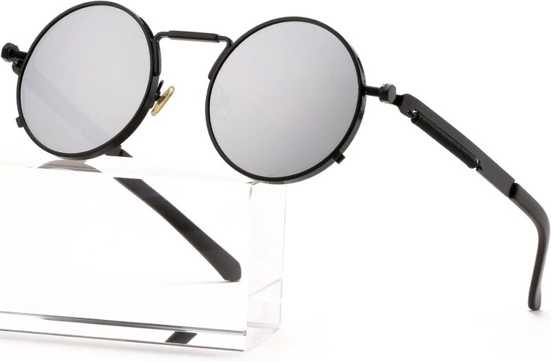 Carsbyvictor Sunglasses Round Steampunk Sunglasses Circle Lennon Glasses Gothic Metal Frame 100% UV Blocking Lens