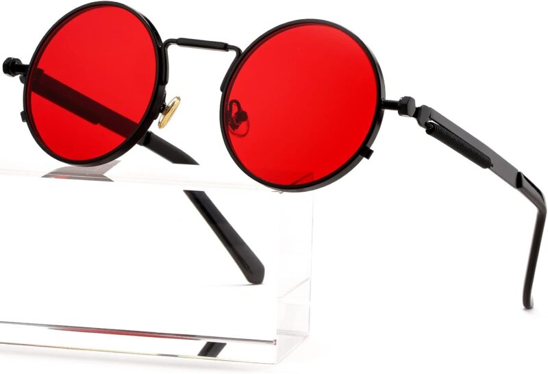 Carsbyvictor Sunglasses Round Steampunk Sunglasses Circle Lennon Glasses Gothic Metal Frame 100% UV Blocking Lens