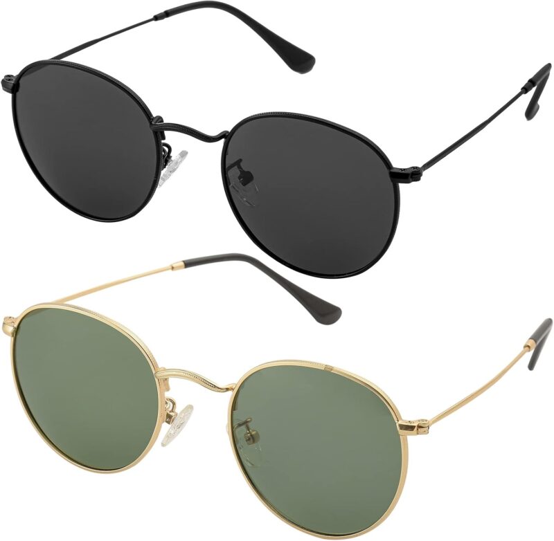 Carsbyvictor Sunglasses Round Small Round Polarized Sunglasses for Men Women Classic Circle Metal Frame Sun Glasses 2 Pack