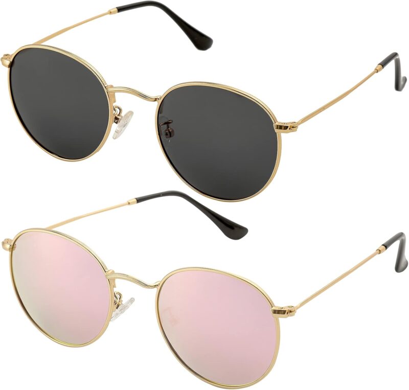 Carsbyvictor Sunglasses Round Small Round Polarized Sunglasses for Men Women Classic Circle Metal Frame Sun Glasses 2 Pack